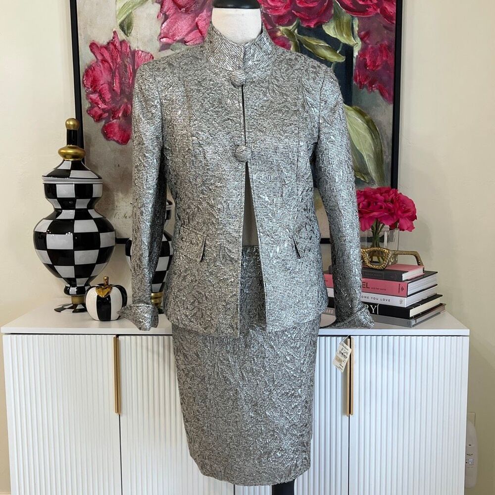 Lafayette 148 New York Women's Wool Blend Metallic Skirt Suit Set Silver 2 NWT